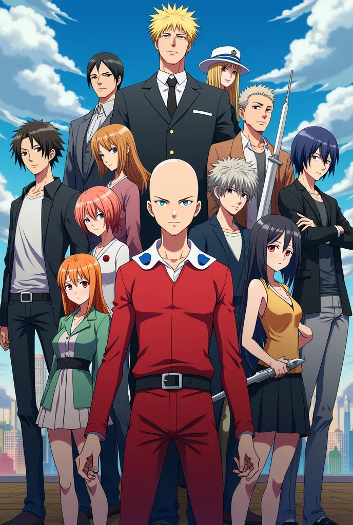 cast one punch man, cast chainsaw man, cast spy x family, cast violet evergarden, cast solo levelling, cast tower of god, cast attack on titan, cast bleach, cast gintama, cast sword art online, cast tokyo ghoul in frame. potrait 9:16