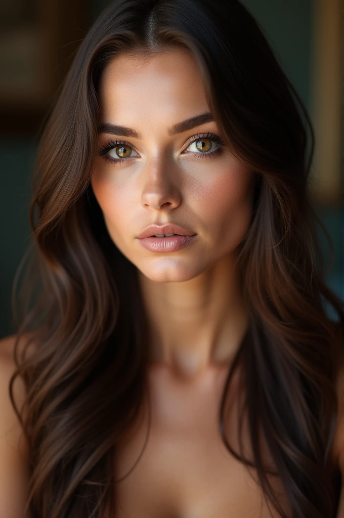 face of a beautiful woman realistic, brune, yeux noisette, fine facial features with long dark brown hair, slightly matte skin