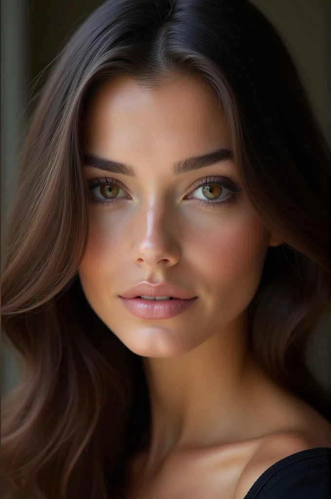 face of a beautiful woman realistic, brune, yeux noisette, fine facial features with long dark brown hair, slightly matte skin