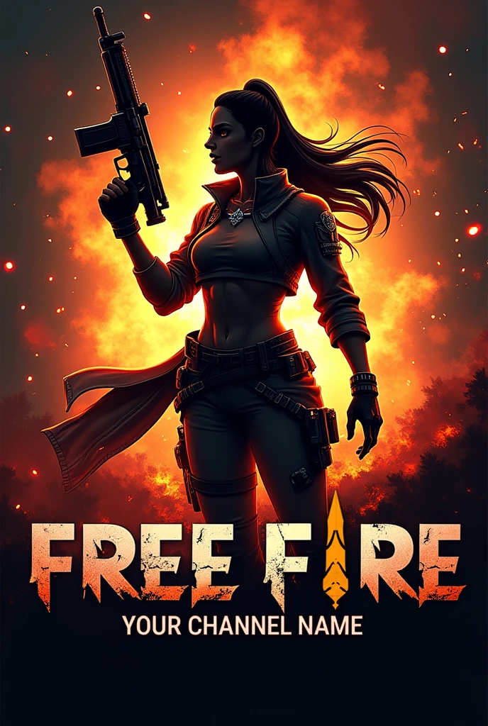 "Design a dynamic logo featuring a sleek, stylized silhouette of a Free Fire character, holding a weapon, with an intense expression. The background should be a blend of fiery colors like orange and red, with sparks flying, creating an action-packed atmosphere. The text 'Your Channel Name' should be integrated at the bottom in bold, futuristic font."