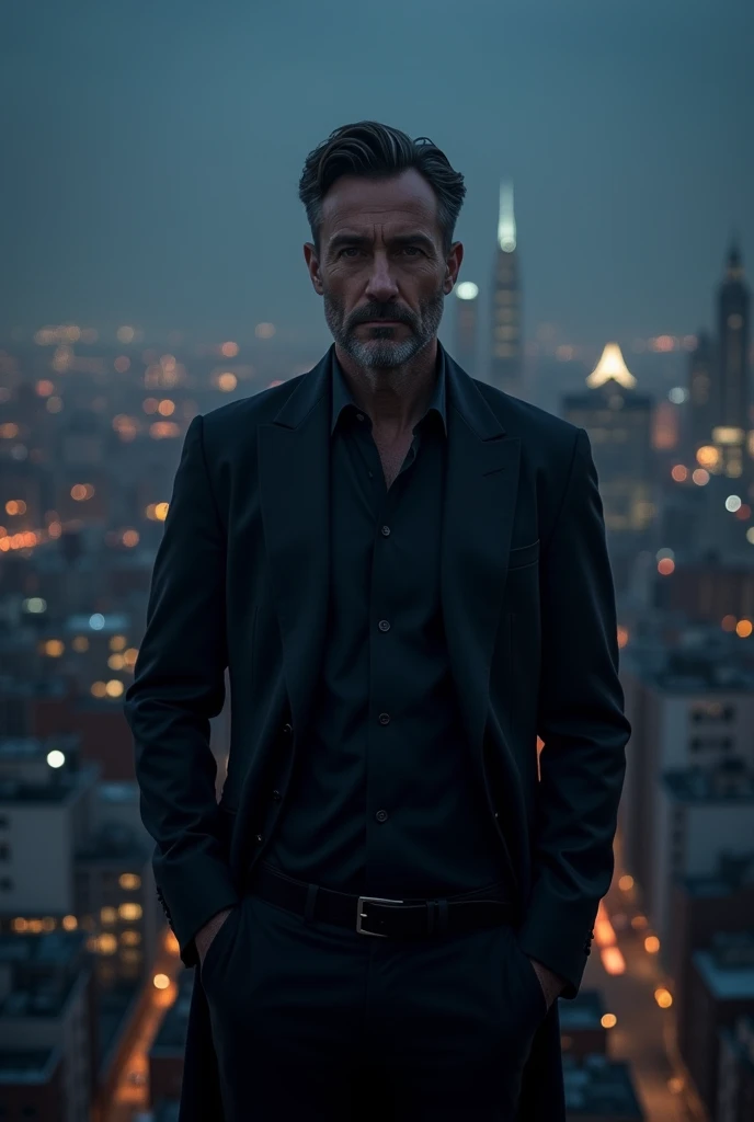 (photorealism:1.2), a man stands in a dark sports jacket against the backdrop of a dark city