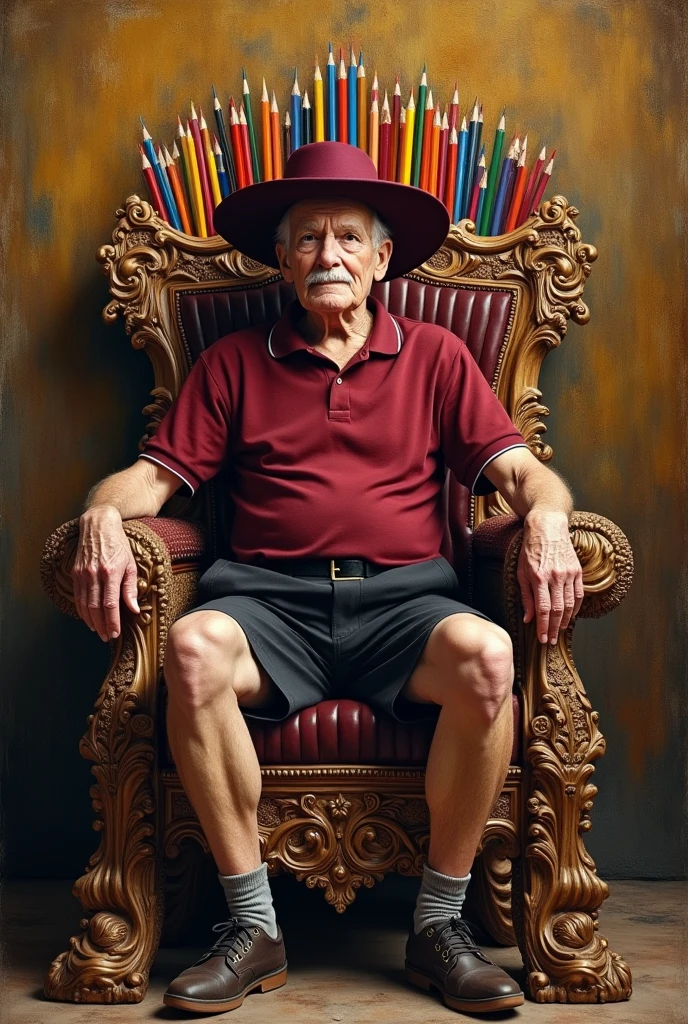 An old white royal man sitting on a throne. The man has no hair. The throne is made from pencils and pens. He is wearing maroon polo and black school shorts. The image would look like a painting from the 1600s. His crown is a maroon wide brim hat.