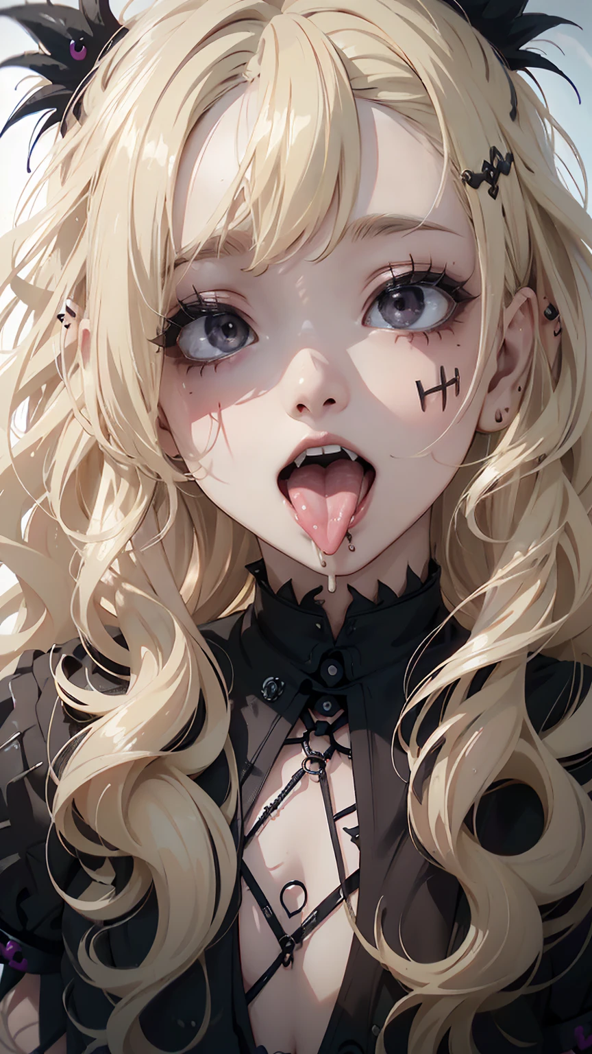 masterpiece, Highest quality, (Face close-up, Sticking out a long tongue, Ahegao:1.5), beautiful girl, happiness, smile, Beautiful and detailed, Narrow eyes, Dark Eyes, Extra eyelashes, (blonde, Wavy bristles, Long Hair:1.3), Gal Makeup, (Goth punk rock outfit:1.3), (Small band house:1.3)