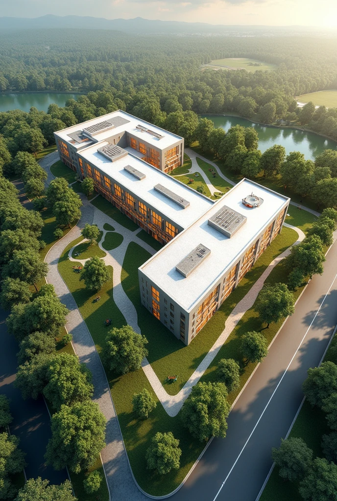 Make a 2D architectural plan of a school on a rhombus-shaped plot of land, aerial view, where it is located in a landscape manner with a view to the north and windows oriented from east to west.