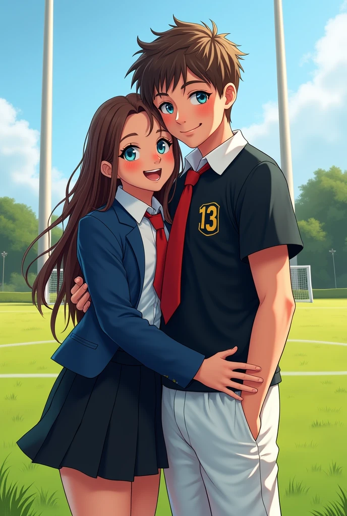 on the school rugby field,
A girl named Shannon wears a short black skirt with a white shirt and over a red tie and a blue suit, Shannon's eyes are blue and her hair is brown and long.
cuddled with a boy named Johnny a rugby player who wears a white sports tracksuit, and a black shirt with the number 13, his hair is brown and short and his eyes are blue, they are