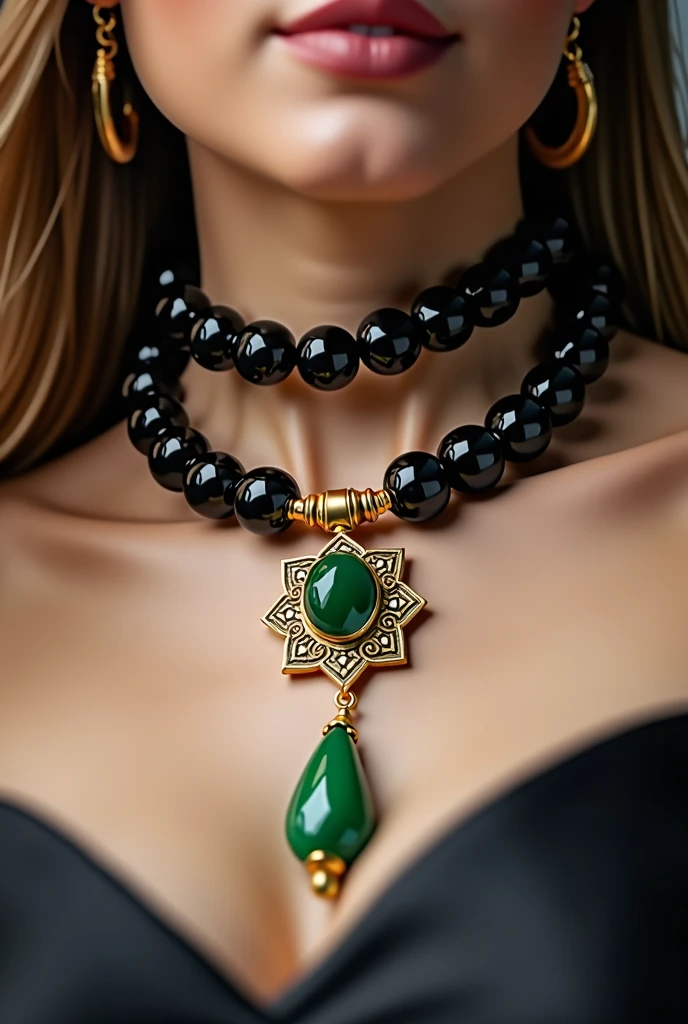 A choker made of black onyx stones with a jade stone set in gold as a pendant