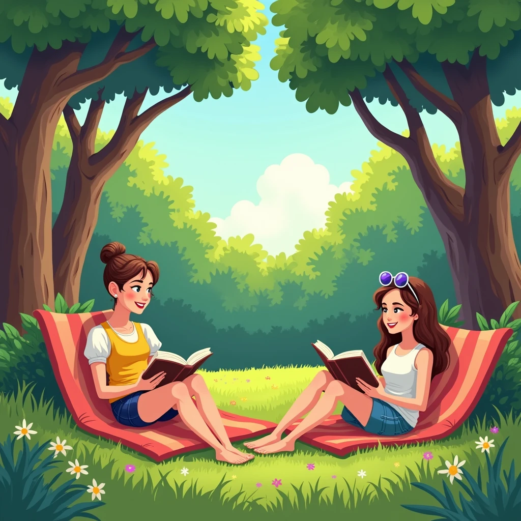 Park, lawn, there are trees in the background, two European people on the grass, read books, Rest, laziness, holiday, cartoon style