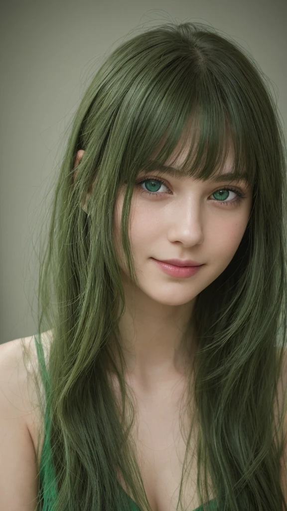 a girl. European. Extremely detailed face. Oval face. Delicate facial features. Half-closed eyes. Long straight hair. Messy hair. Bangs. Green hair. Green eyes. Lustful expression. smiled slightly
