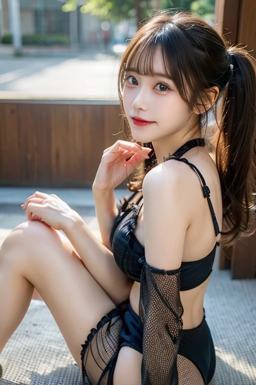 ((Highest quality)), ((masterpiece)), (detailed), One person, sexy、Twin tail hair、Fishnet tights、Swimwear、bikini、Picnic sheet、sit、Relax