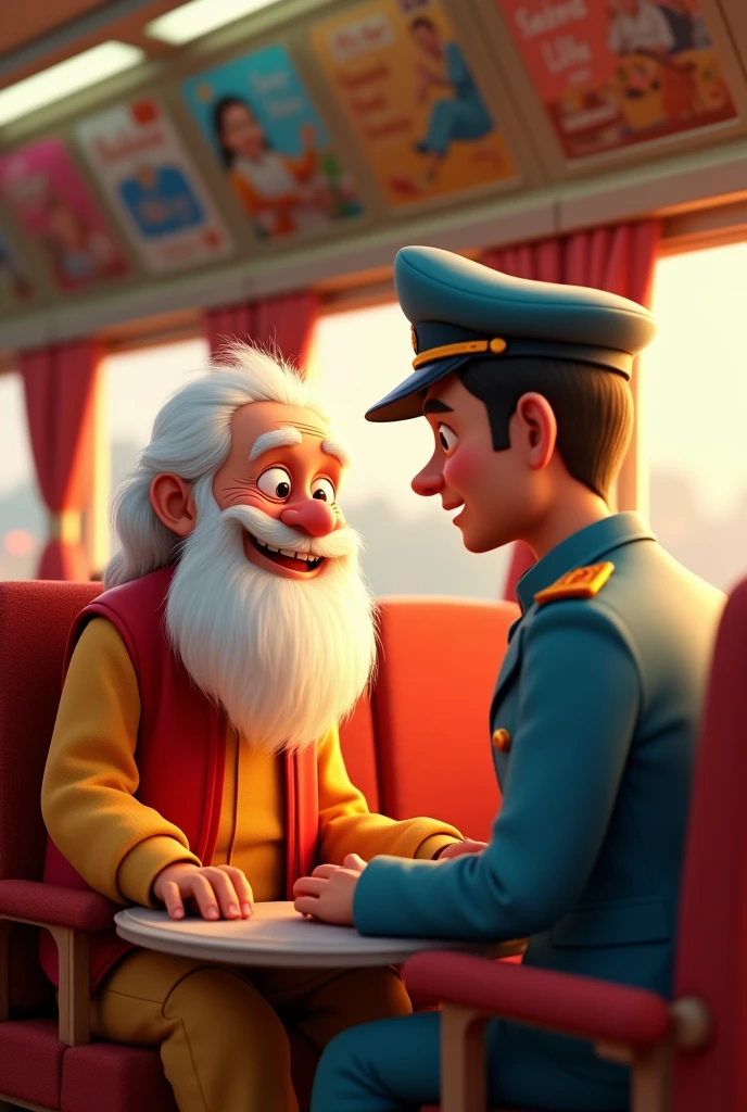 A Baba talking to TC in a train, 3D animation style