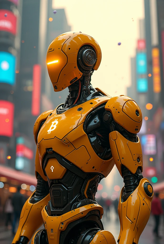 A yellow robot with a Bitcoin logo on its helmet