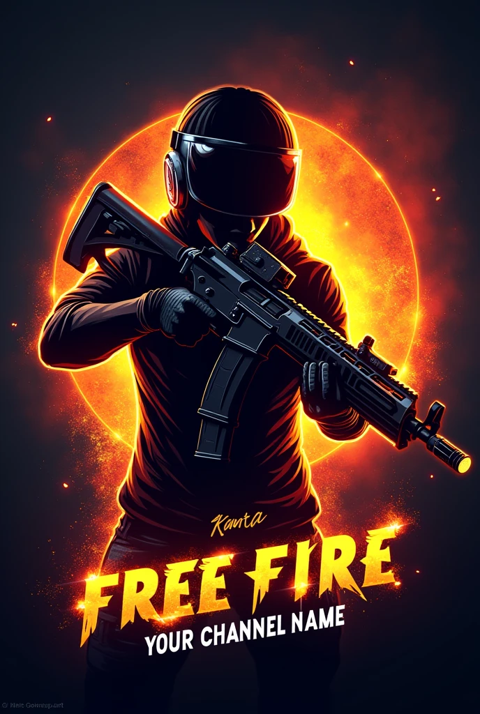 "Design a dynamic logo featuring a sleek, stylized silhouette of a Free Fire character, holding a weapon, with an intense expression. The background should be a blend of fiery colors like orange and red, with sparks flying, creating an action-packed atmosphere. The text 'Your Channel Name' should be integrated at the bottom in bold, futuristic font."