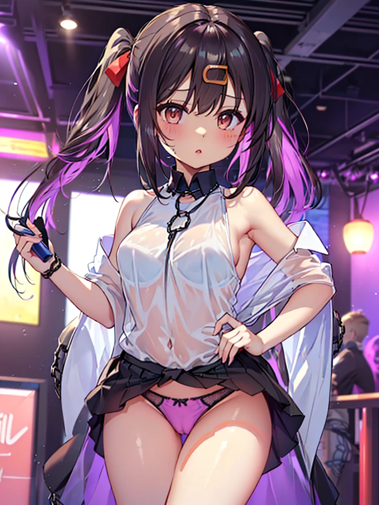 Very beautiful girl, See through,Beautiful and fair、Beautiful Skin、Glowing Skin, bright, Refreshing and gentle look, Perfect beautiful face、Beautiful shiny bangs, Small ,Lace dress,See through,(((女性のためのsexyな透明なパンティー,Hola,seamless,Low waist,Plain,Quick-drying underwear,sexy)))o look directly at the crotch.),(Tea-colored hair with a pink ribbon and twin tails:1.23),(((ベルトとストラップ付きのFor women下着セット,Metal Chain,sexyなランジェリ Piece Set,Porn Wear,Nigub Temptation,For women))),((Underwear is transparent level 25%)),((Probability of pink underwear: 80%))