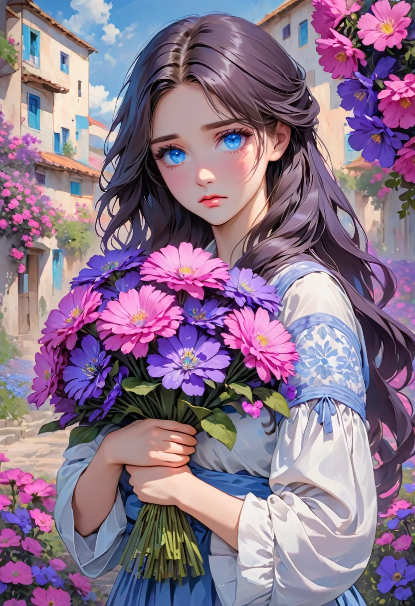 a woman holds out a bunch of purple flowers in her hand 



    a woman with a pink face and sad look holding purple flowers in her hands, 1girl, solo, flower, blue eyes, long hair, looking at viewer