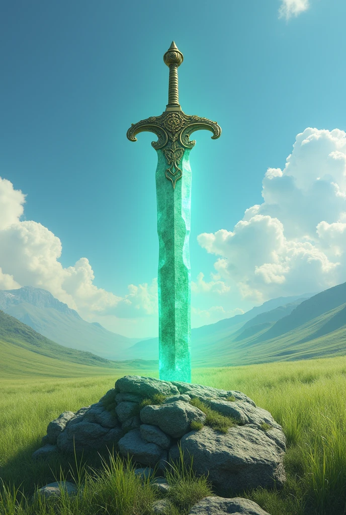masterpiece、Highest quality、Very detailed、Ultra-high resolution、grassland、blue sky、Sword in the rock、Jade Aura