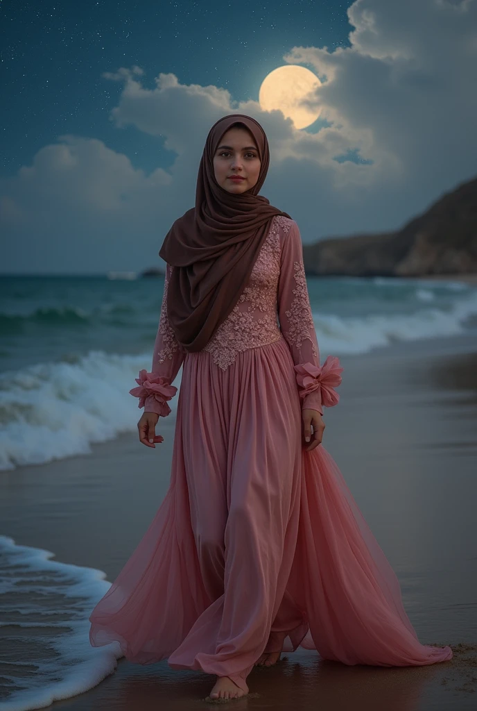 Portrait of a 17 year old Persian girl wearing a neatly covered brown hijab and a long pink gamis,flower motif,was walking by the beach in the atmosphere of MLM and in the moonlight stars and smoky clouds with his face facing the camera