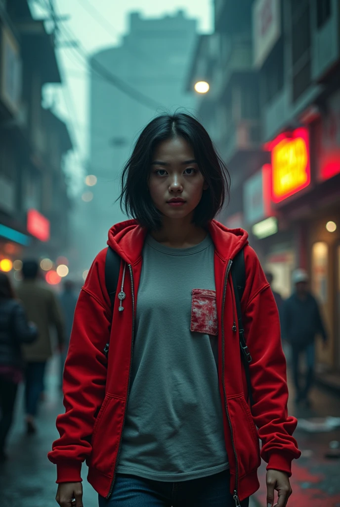


"A movie poster featuring a 20-year-old woman dressed in a red hoodie and a gray T-shirt with a pocket, walking through the heart of Bangkok. Zombies are seen repairing themselves inside a building."