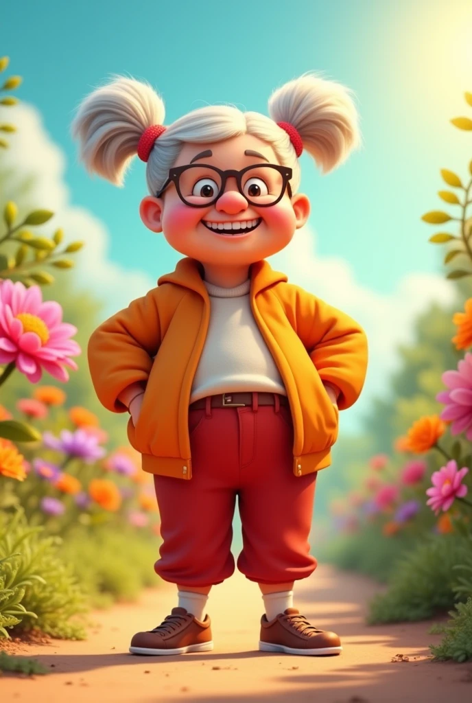 Animated grandma cartoon character standing with whole body 2 pony tail only orange jacket, red pant, white socks, brown shoes and wearing glasses