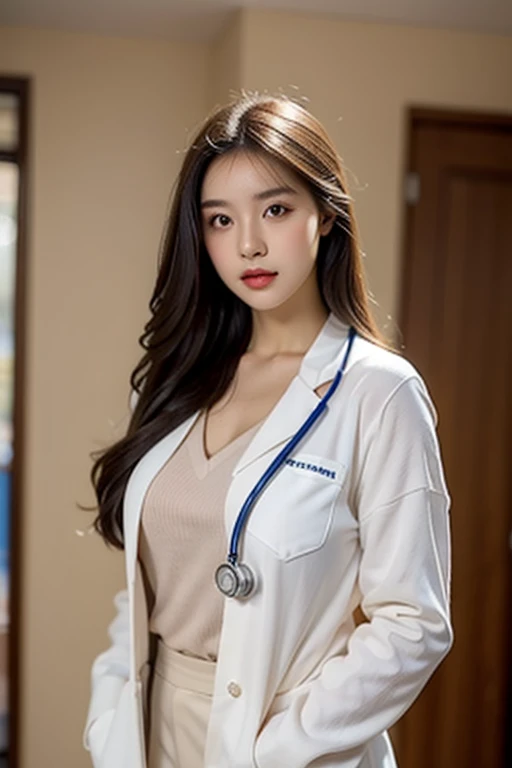 Full-body photo of a young woman with fair skin and delicate face posing for a photo with a desk and a doctor's office as a backdrop. She is wearing a white doctor's coat with a stethoscope draped over her shoulders. Her dark hair is scattered down over her shoulders, highlighting her eyes that stare straight at the viewer in the middle. The overall feeling is innocence, and the light is soft and diffused, very realistic, the picture is perfect.