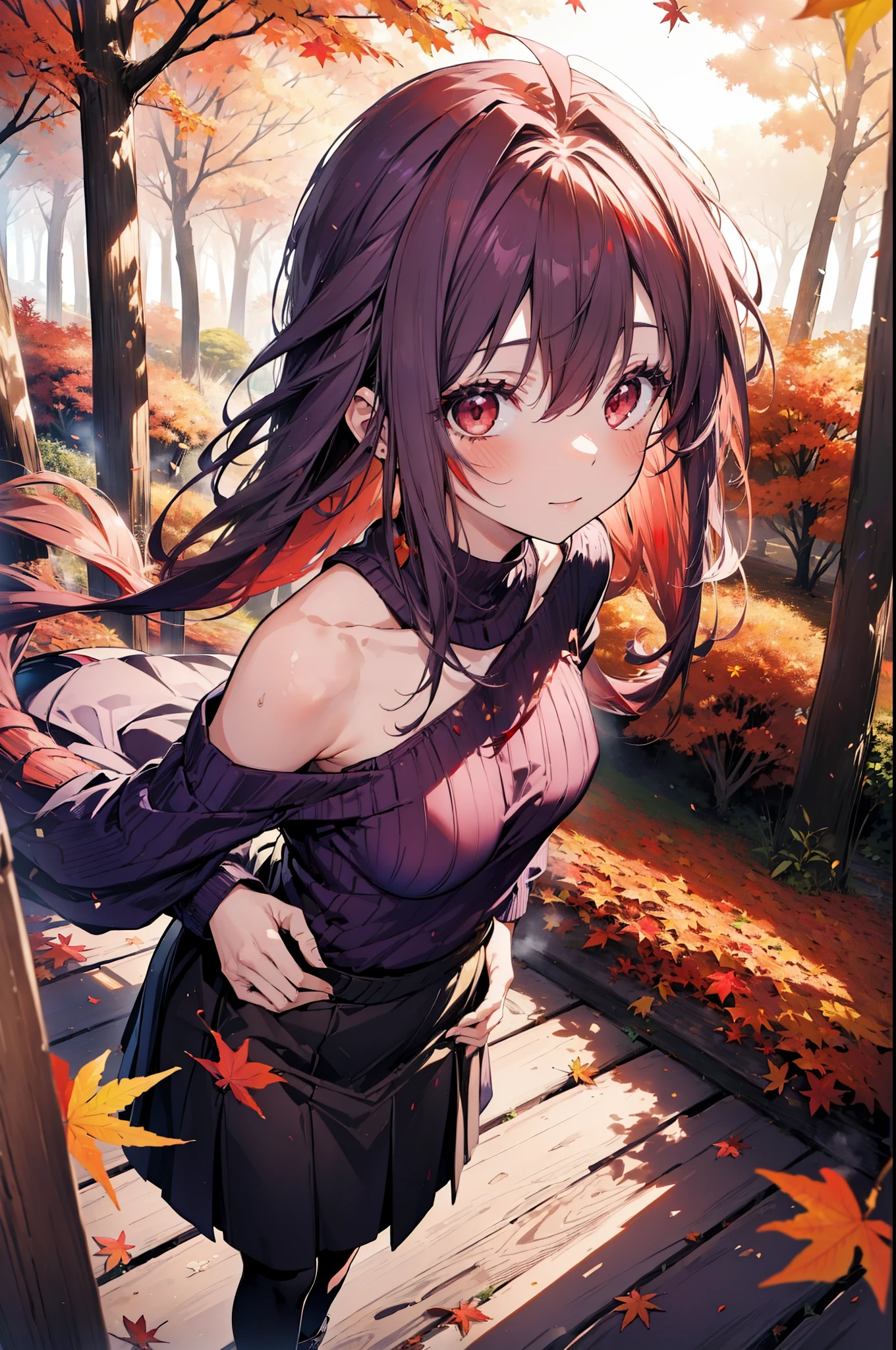 yuukikonno, Yuuki Konno, hair band, Long Hair, Pointed Ears, Purple Hair, Ahoge,(Red eyes:1.5), (Small breasts:1.2), smile,blush,Close your mouth,Purple one-shoulder sweater,mini skirt,Black tights,short boots,Walking,autumn leaves,autumn leaves,scattered,autumn leavesが積もっている,Autumn sky,whole bodyがイラストに入るように,
break looking at viewer, whole body,
break outdoors, garden,forest, nature,
break (masterpiece:1.2), Highest quality, High resolution, unity 8k wallpaper, (figure:0.8), (Beautiful attention to detail:1.6), Highly detailed face, Perfect lighting, Highly detailed CG, (Perfect hands, Perfect Anatomy),