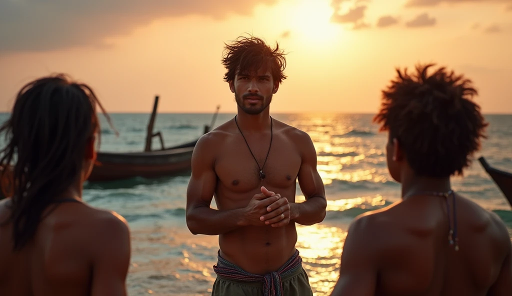 Kai is a lean, wiry ager with tanned skin from long days spent under the sun. His hair is dark and unruly.A group of fishermen gathered around the boy, listening intently as he teaches them how to sail safely through storms."