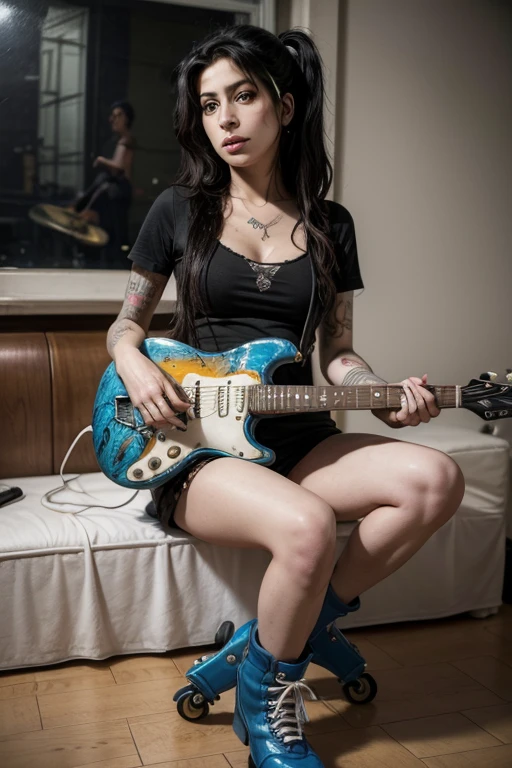 Surrealism painting, Amy Winehouse wearing roller skates, and guitar playing blues.looking straight at the camera