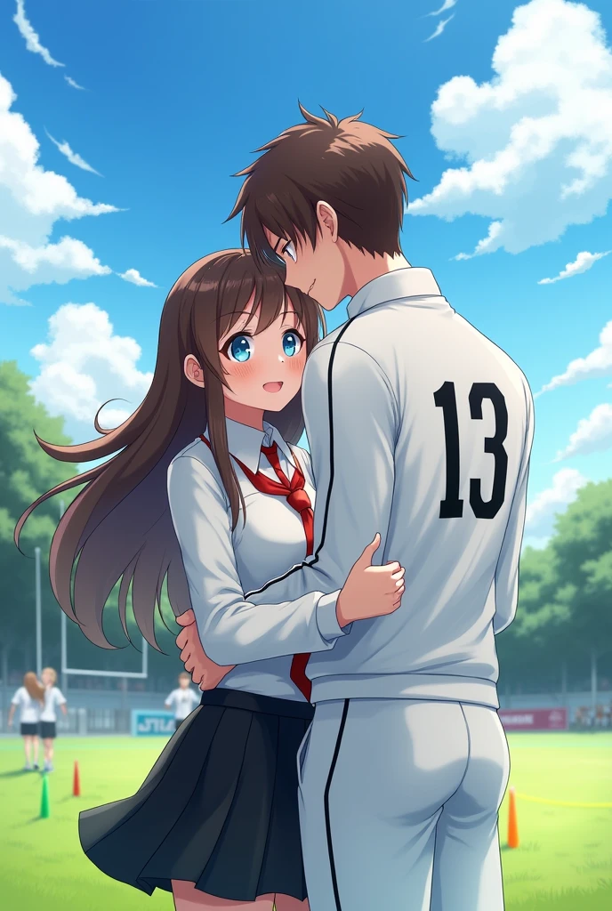 on the school rugby field,
A girl named Shannon wears a short black skirt with a white shirt and over a red tie and a blue suit, Shannon's eyes are blue and her hair is brown and long.
cuddled with a boy named Johnny a rugby player who wears a white sports tracksuit, and a black shirt with the number 13, his hair is brown and short and his eyes are blue, they are