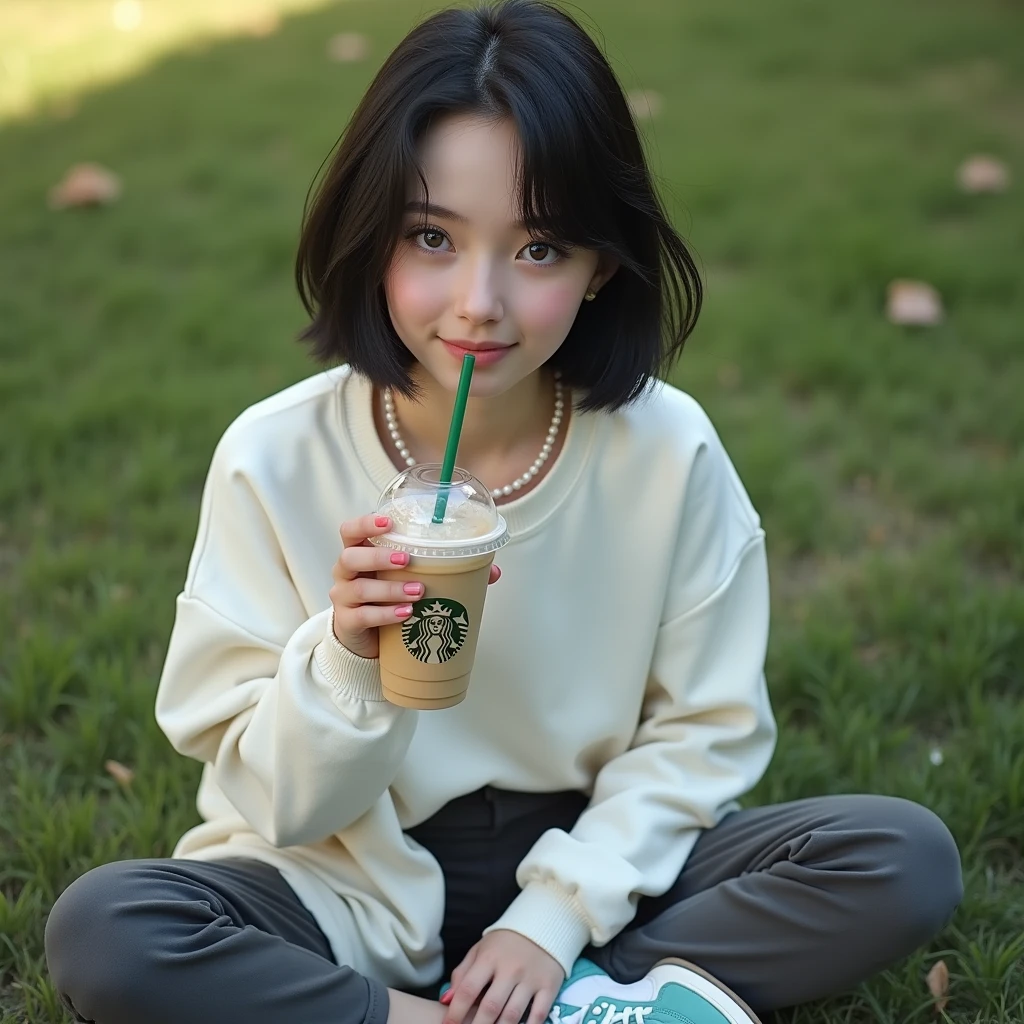 (RAW photo, best quality, masterpiece: 1.2), (photorealistic: 2), (Polish girl, 20 years old, black hair, Light grey eyes, short bob cut, hair in 7 thirds, hair over one ear, Symmetrical eyes, solo, Detailed Skin:1.1), Wearing a white oversized sweatshirt, dark grey pants, light blue and white Nike Jordans, a small pearl necklace, sitting Indian style on the grass, drinking a Starbucks latte from a clear cup with a green straw, angled slightly above, sunny, gel nails, smiling