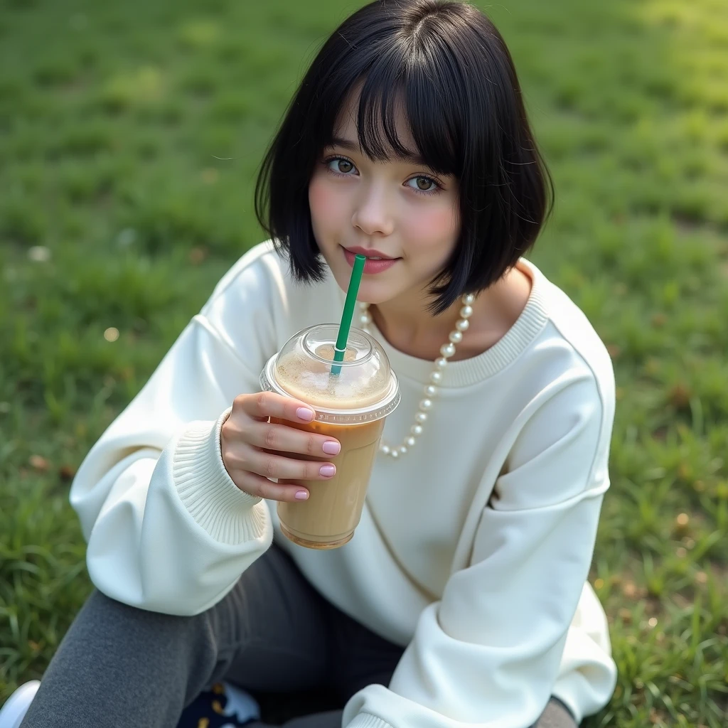 (RAW photo, best quality, masterpiece: 1.2), (photorealistic: 2), (Polish girl, 20 years old, black hair, Light grey eyes, short bob cut, hair in 7 thirds, hair over one ear, Symmetrical eyes, solo, Detailed Skin:1.1), Wearing a white oversized sweatshirt, dark grey pants, light blue and white Nike Jordans, a small pearl necklace, sitting Indian style on the grass, drinking a Starbucks latte from a clear cup with a green straw, angled slightly above, sunny, gel nails, smiling