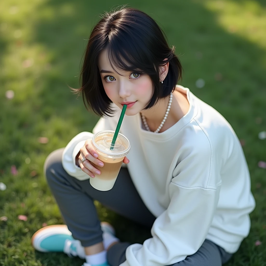(RAW photo, best quality, masterpiece: 1.2), (photorealistic: 2), (Polish girl, 20 years old, black hair, Light grey eyes, short bob cut, hair in 7 thirds, hair over one ear, Symmetrical eyes, solo, Detailed Skin:1.1), Wearing a white oversized sweatshirt, dark grey pants, light blue and white Nike Jordans, a small pearl necklace, sitting Indian style on the grass, drinking a Starbucks latte from a clear cup with a green straw, angled slightly above, sunny, gel nails, smiling