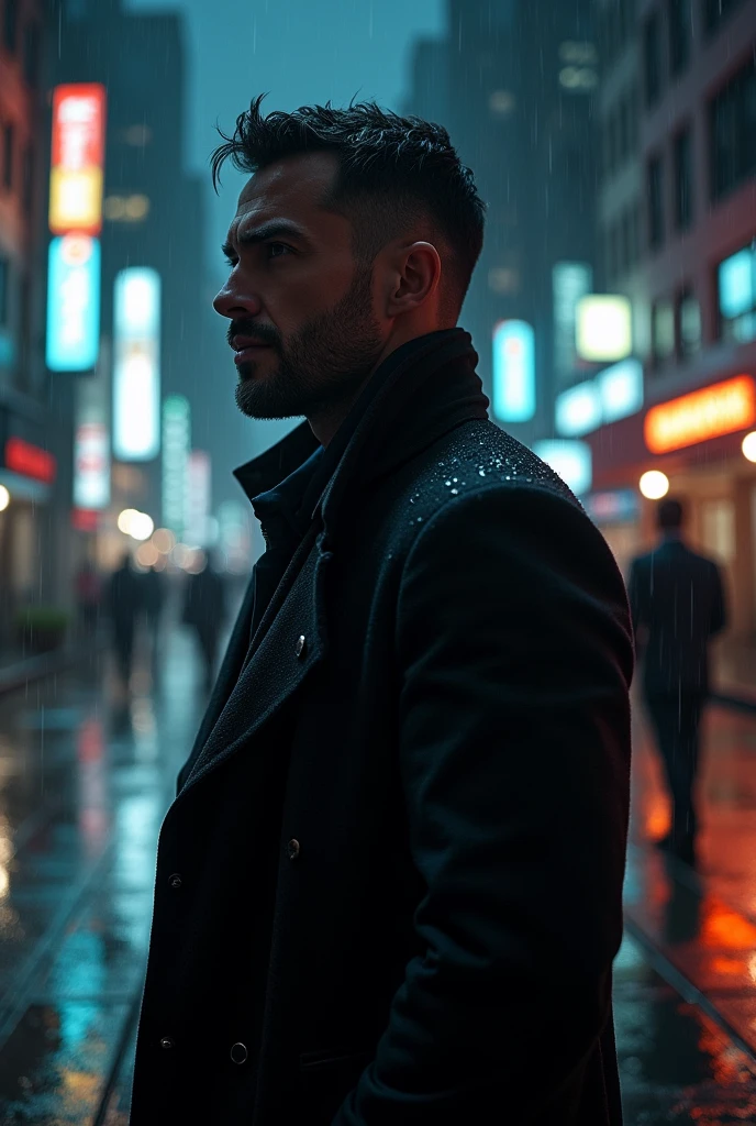 (photorealism:1.2), a man stands in a dark sports jacket against the backdrop of a dark city