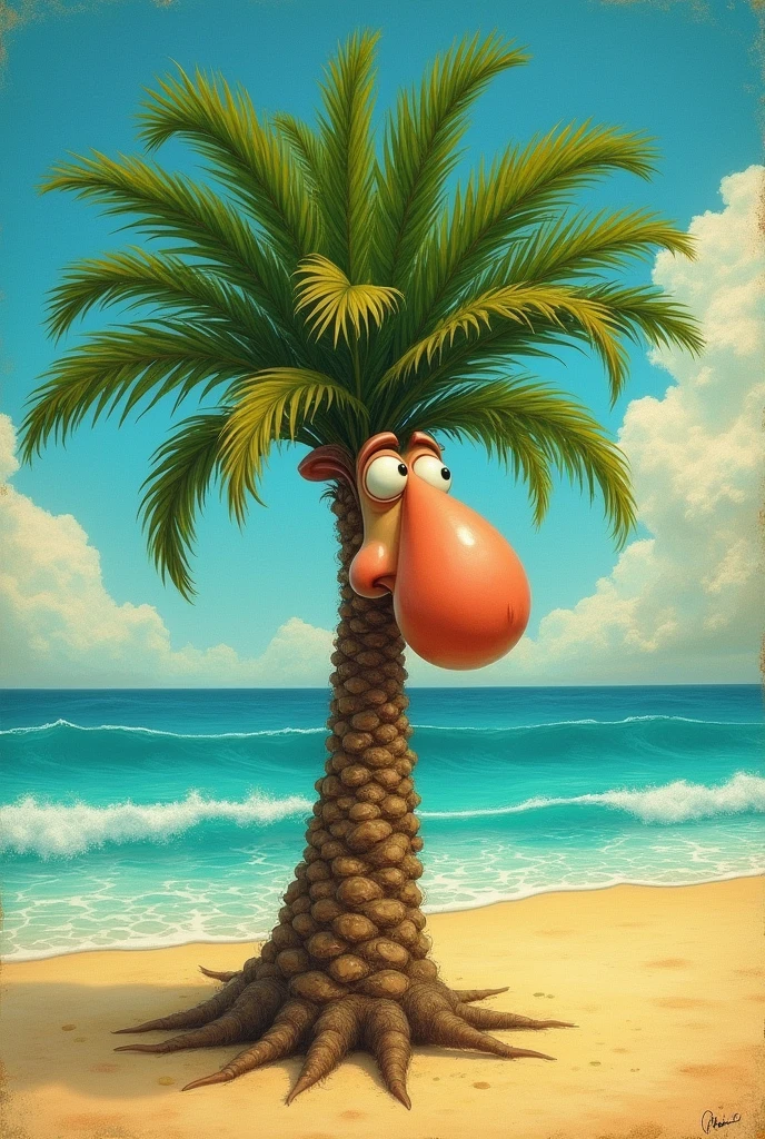 Draw a man with a palm tree head and a big nose