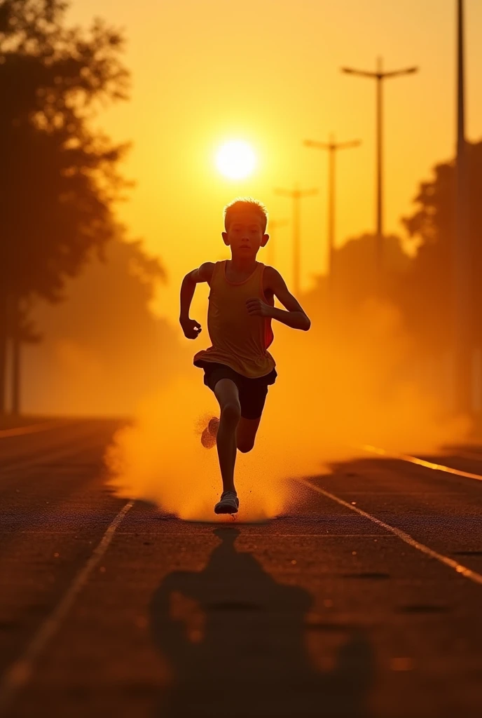 Young Athlete Training
A small, determined young athlete running on a dusty track at dawn, sweat dripping, the sun rising in the background, with an intense focus on his face.