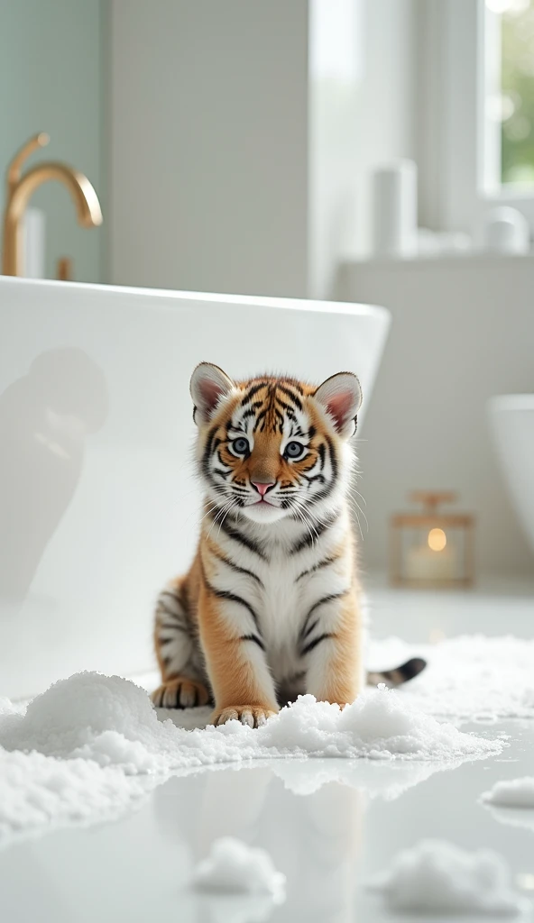 A cute little tiger, sit on the floor,Big bright eyes, Fluffy, Delicate and exquisite, Real version of tiger cub,Play with real white foam in the bathroom,Pure white high-end bathroom background