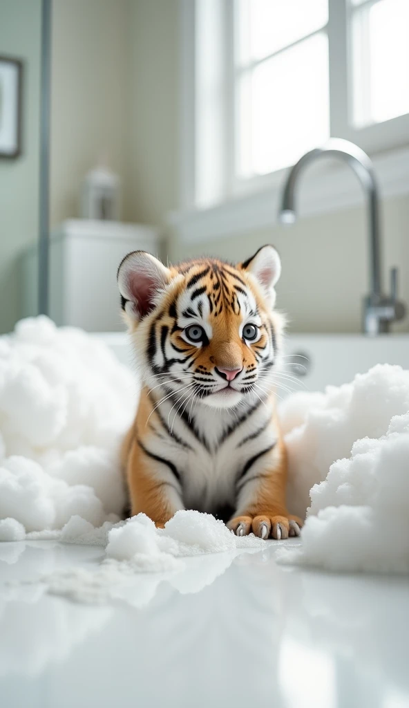 A cute little tiger, sit on the floor,Big bright eyes, Fluffy, Delicate and exquisite, Real version of tiger cub,Play with real white foam in the bathroom,Pure white high-end bathroom background