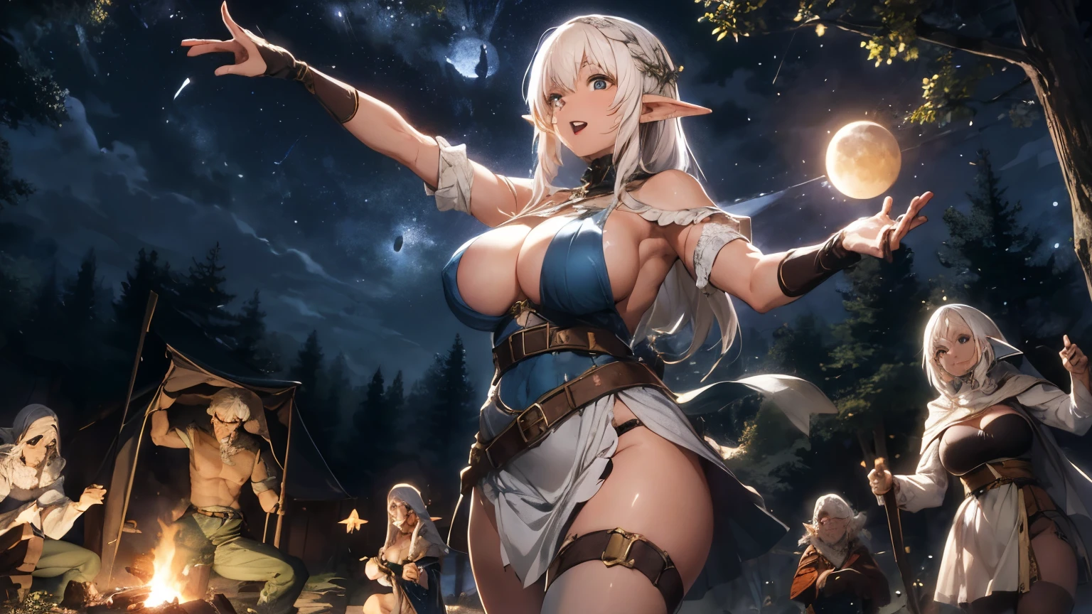 sexy and big breast elf woman with white hair, wearing medieval dress having fun dancing around the campfire with crowd under the moon light at the center of medieval forest at midnight.