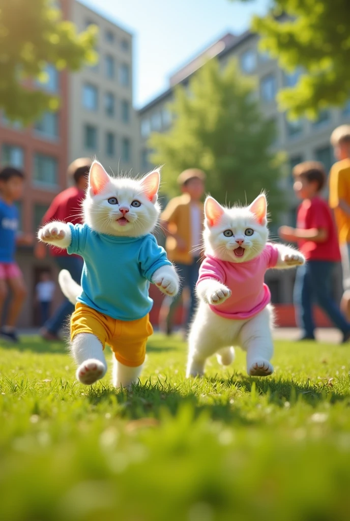 A white kitten blue shirt and yellow half pant and a white kitten in pink shirt and white half pant play with other students in school