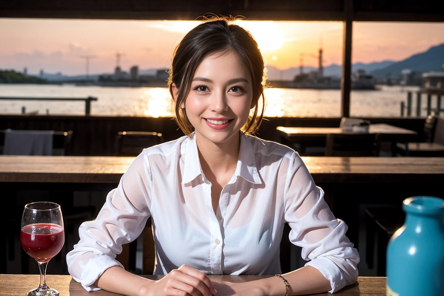 ((Highest quality、8k、masterpiece:1.3))、Izakaya、Japanese sake、Slim couple、Model Couple、(Realistic, Intricate details:1.2), Japanese sake、1 liter bottle、Japanese food、Soba、Japanese sake、Shochu 、Amazing view of the sunset sky and clouds、Bright smile、The beauty of a smile、Bright image、Beautiful Face, blue eyes, The light shines on your face, blush, short hair,Bright Face、 (Age 37), 39 years old, Brown Hair、Shortcuts、Long sleeve shirt、dress、Beautiful woman