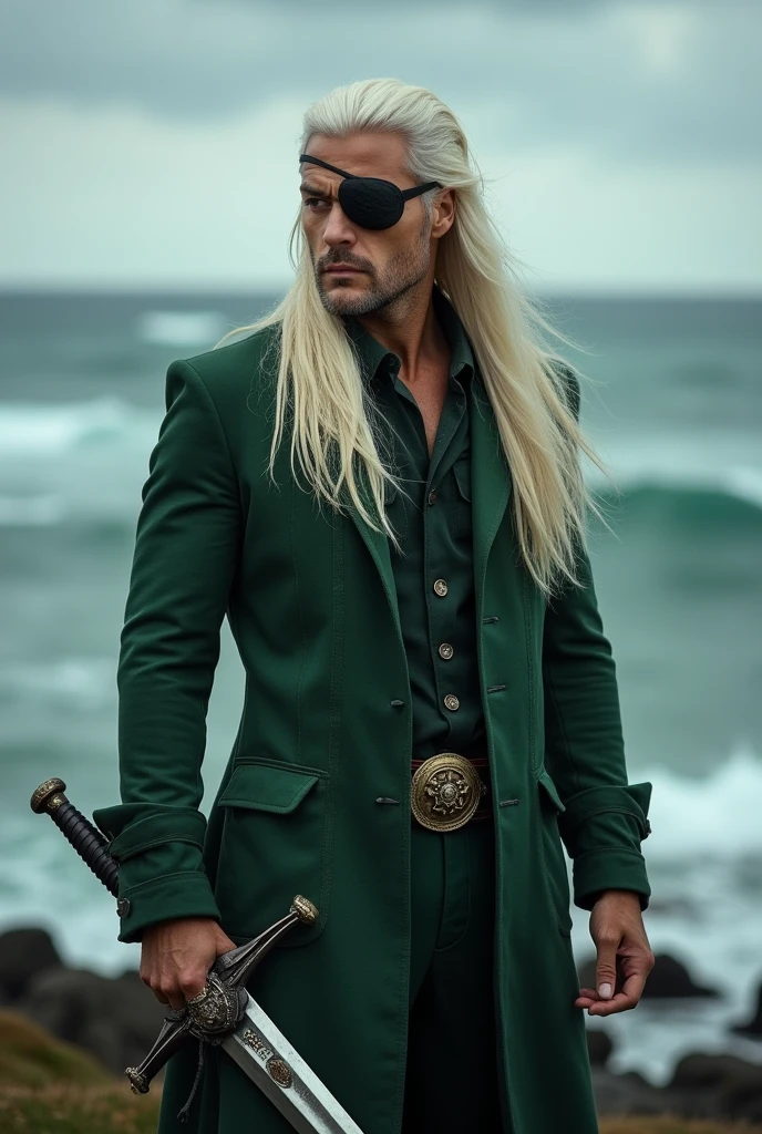 A handsome Aesthetic Targaryen man with one eye covered with pirates eye bag,long straight platinum blonde hair,his face is long and sharp, he's wearing a green cotton rough Prince suit,A sword on his left waist