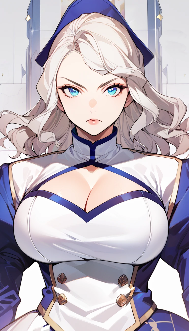 Anime, 1 girl, solo, kimtag, Ingrid, ingrid's hairstyle, White colored hair, blue eyes, serious expression, busty, large breasts, firm plump body, hat, genetics's uniform , Juliet sleeves, deep cleavage,, large skirt,
