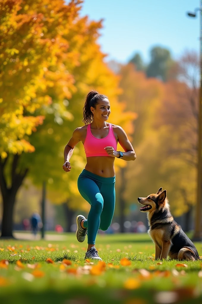Green and yellow mix park.. background full colourful trees..one woman.in workouts..one dog watching her