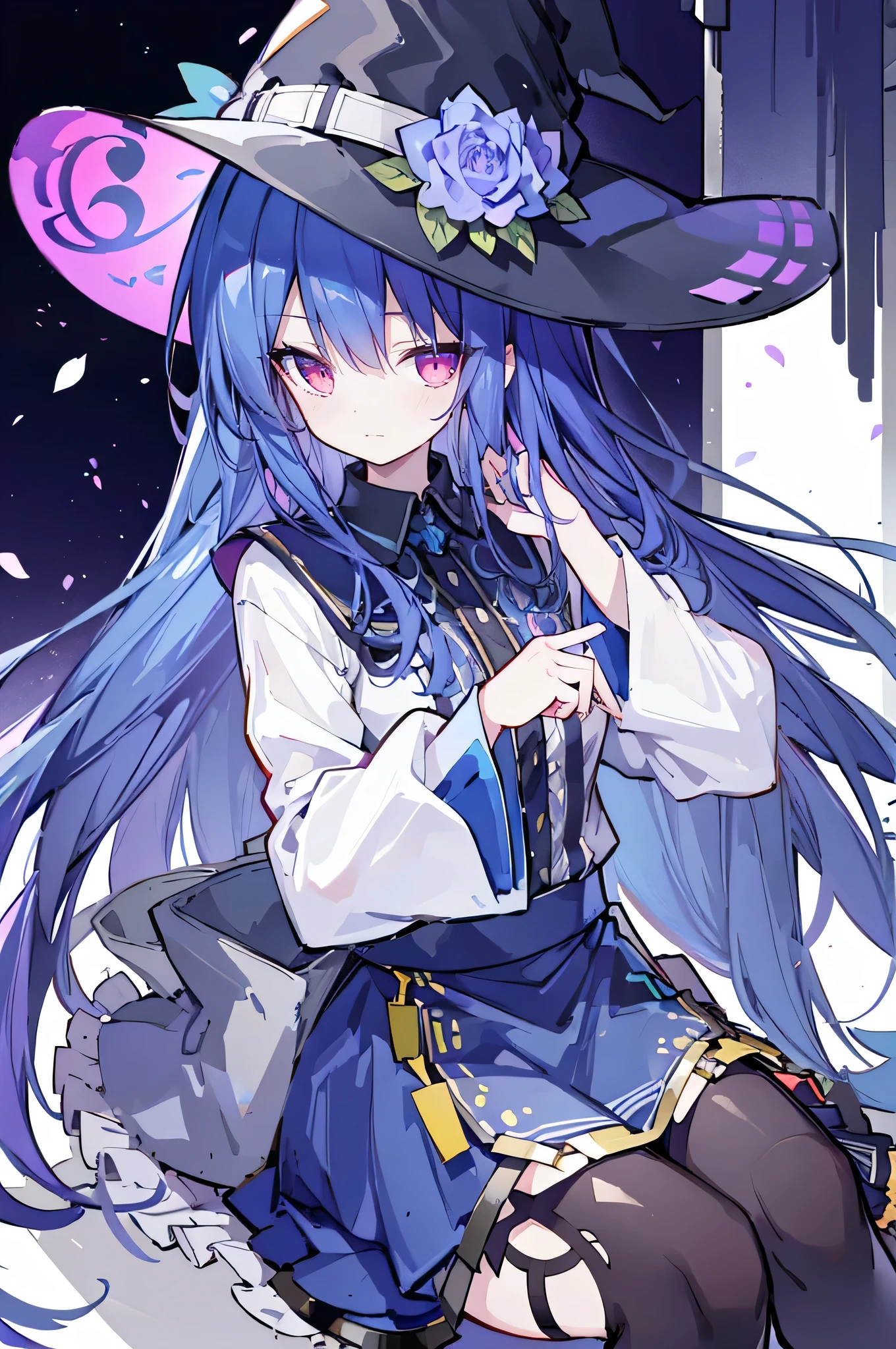 oung Girls,Humanity,A magician always smiles,big witch hat,cute,dark blue long hair,The eyes are dull,The bangs are heavy,Thin eyebrows,fantasy,intake,Double teeth,Star Theme,Constellation pattern,Solid color clothetal decoration,cloak,A bit of a dark atmosphere,A little crazy smile,When the big moon shines outside at night,blood,Hair black star embellishment,Short tie,No nails,High waist skirt,Bell sleeves,Long-sleeved shirt,Black tie,low risk,gentlemen。Mist、Yellow and white effect,Shocking pink as an accent color,(Masterpiece:1.2),Ultra-detailed,lifelike,The eyes are expressive,Fair skin,Perfect face shape,1 girl,Japanese Manga,Gorgeous blue hair,Flowing blue hair,Flowing clothes,Cat ears,Petals falling,Shy face,sitting on window,Place your hand on your lips,masterpiece, absurdres, novel cover, cover illustration, 1girl, solo, dark blue-haired ponytail, mage robes, flower background, clock background, monochrome, line drawing,only two hands ,only two legs,Sexy sitting position。