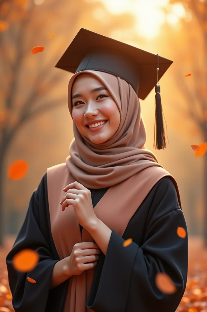 Consept art photography, fan art photography, a women, wearing hijab, pastel brown hijab, wearing black graduation hat, Wearing black graduation gown, wearing pastel blue graduation hood, cute pose, pastel brown theme background, leaf effect background, pastel brown leaf effect, pastel brown lighting effect, volumetric lighting, bright results, perfect pose, kawaii design theme