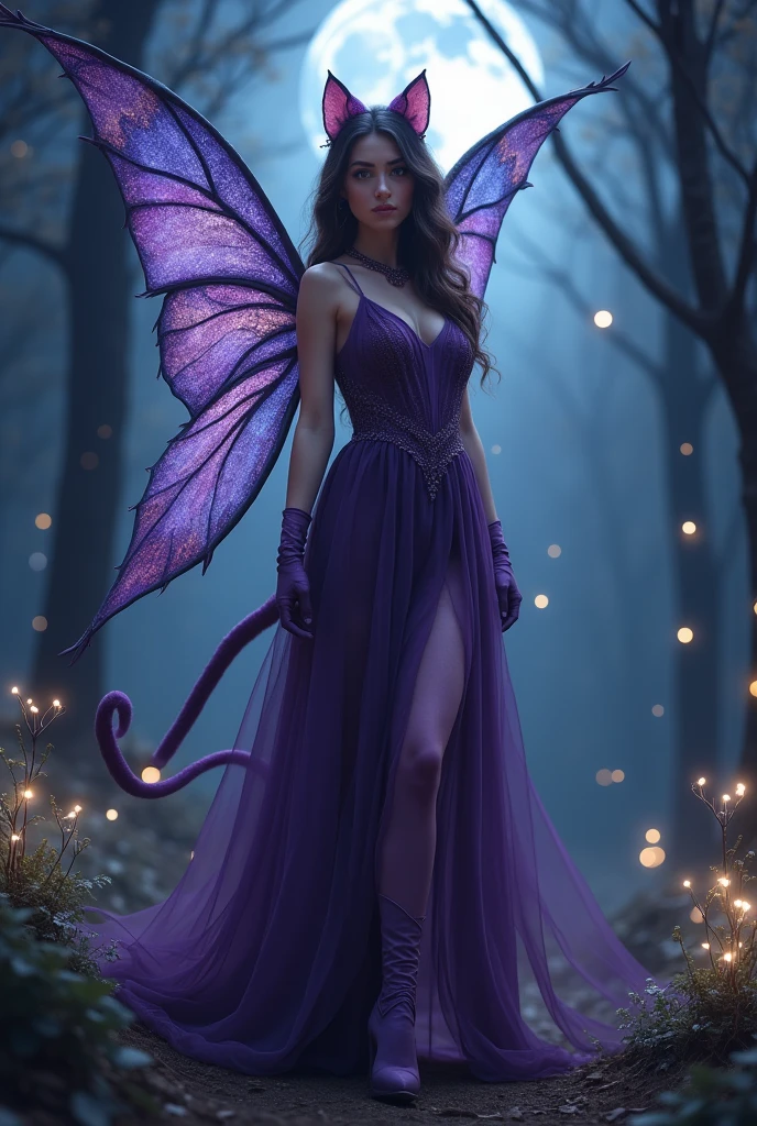 woman in dark purple dress to shins, light purple tights with, wings, a tail ,cat ears and paws