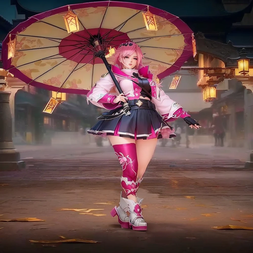 anime girl with pink hair and a pink umbrella in a courtyard, kagura hero from mobile legend, skin exorcist, 3d, 