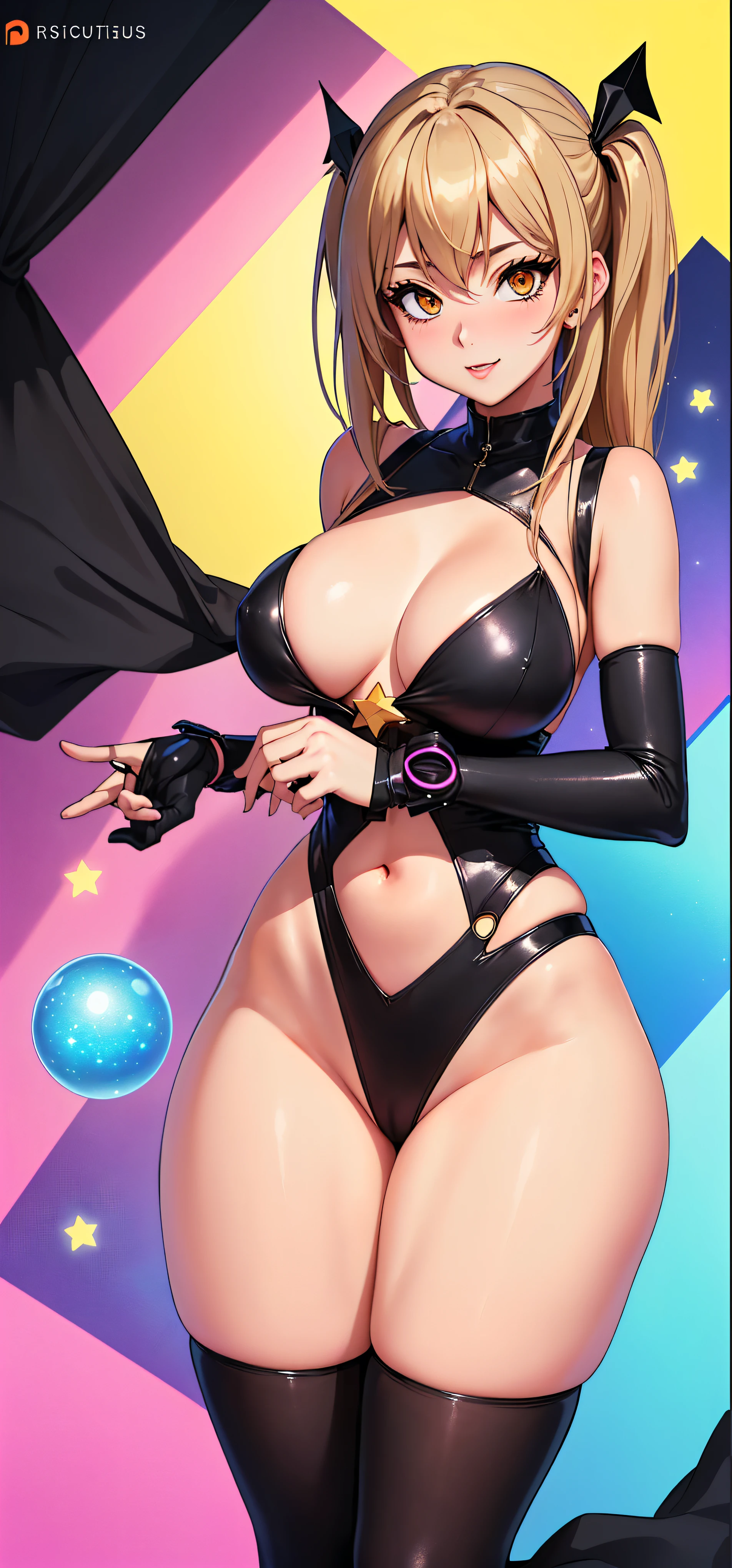 a cartoon picture of a woman in a black outfit and a star, thicc, cutesexyrobutts, oppai cyberpunk, ( ( misa amane # ) ), oc commission, monokini, android 18, misa amane *, commission for high res, lola bunny fanart, ecchi anime style, oppai, anya from spy x family, ((green eyes)), (((character front, side and back view)))