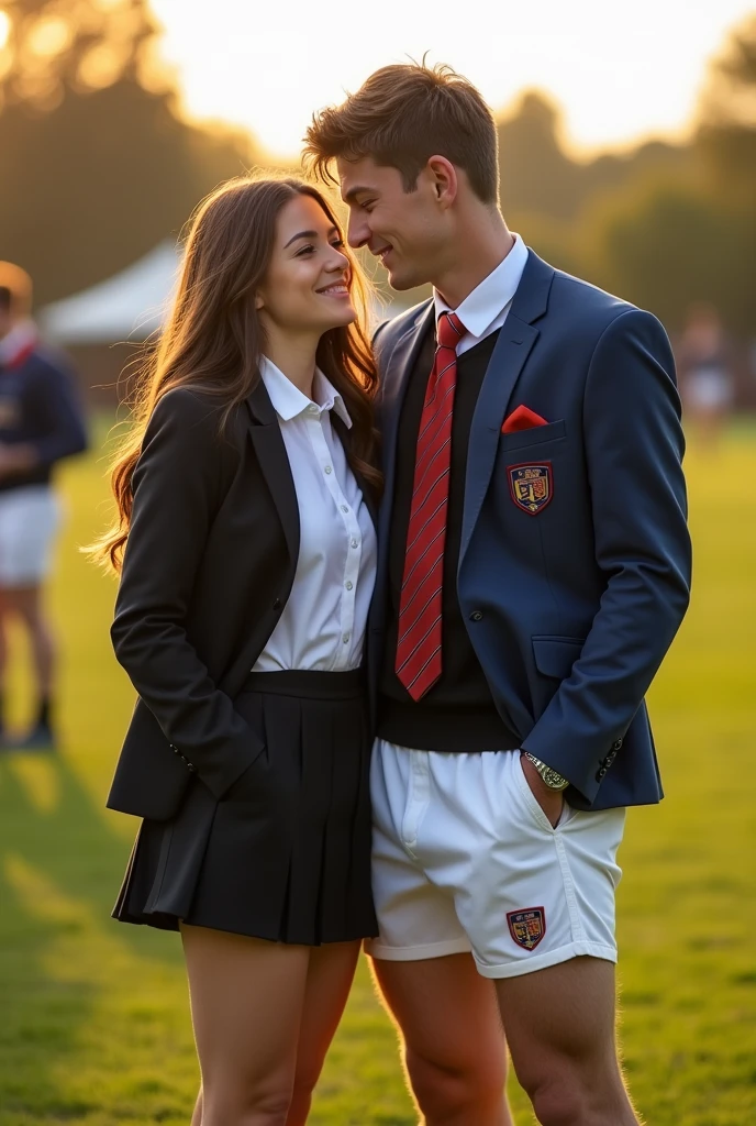 on the school rugby field,
A girl named Shannon wears a short black skirt with a white shirt and over a red tie and a blue suit, Shannon's eyes are blue and her hair is brown and long.
cuddled with a boy named Johnny a rugby player who wears a white sports tracksuit, and a black shirt with the number 13, his hair is brown and short and his eyes are blue, they are