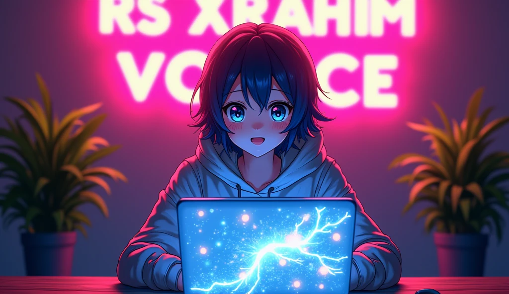 The image you provided shows a Anime sitting in front of a laptop with a screen visible to the viewer. The person is wearing a hoodie and is situated against a background featuring neon lights that form the word “RS XRAHIM VOICE”. There are also plant decorations on either side of the person. This image has a vibrant, tech-savvy aesthetic, possibly related to technology or gaming culture, And Make sure the anime face will be very clear for detect.