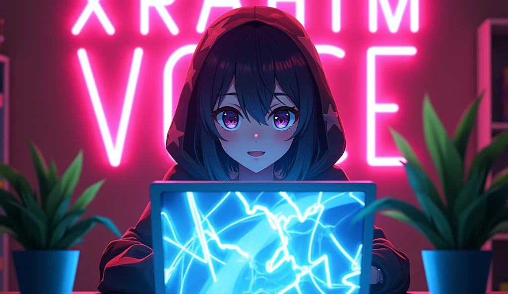 The image you provided shows a Anime sitting in front of a laptop with a screen visible to the viewer. The person is wearing a hoodie and is situated against a background featuring neon lights that form the word “RS XRAHIM VOICE”. There are also plant decorations on either side of the person. This image has a vibrant, tech-savvy aesthetic, possibly related to technology or gaming culture, And Make sure the anime face will be very clear for detect.