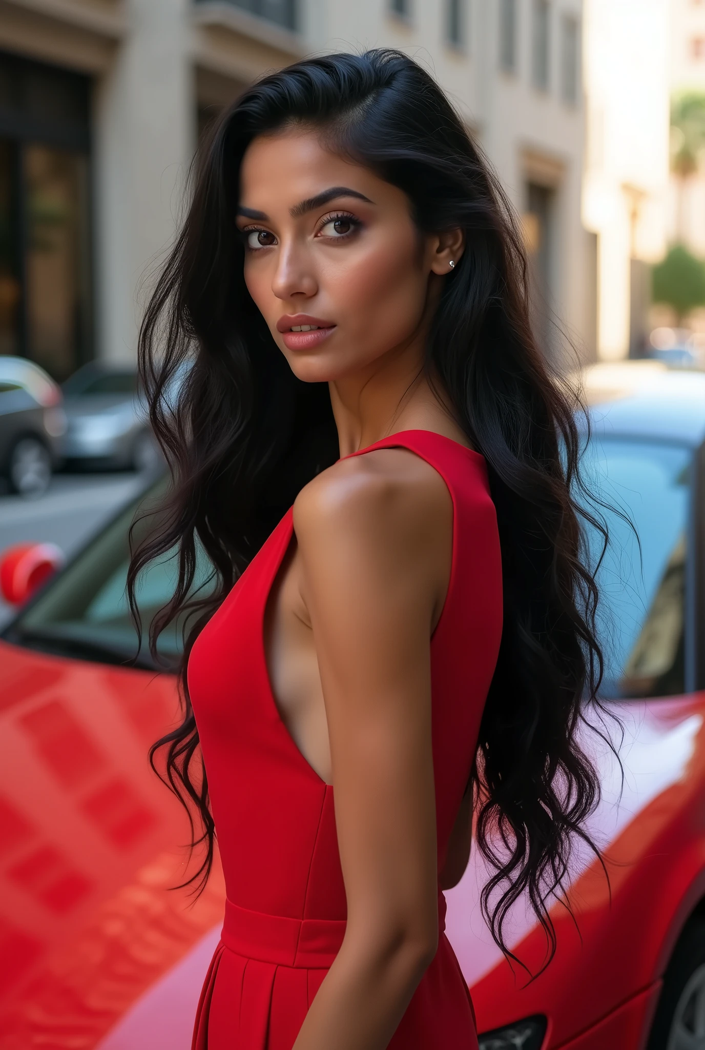 Generate a stunning bold female model with classic Indian features. She is 5’8” tall with fair, flawless skin and long, flowing black hair weight 60kg. Her eyes are large and expressive, with a warm brown color, framed by thick lashes. She has high cheekbones, a well-defined jawline, and full lips with a natural pink hue that enhances her beauty,
Posing next to Audi sedan car in red color
The car image must be visible